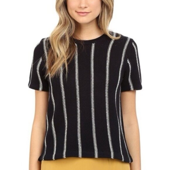 Theory Sweaters - Theory Emmeris Ibisco Navy Striped Short Sleeve Sweater Sz Medium Cotton Knit